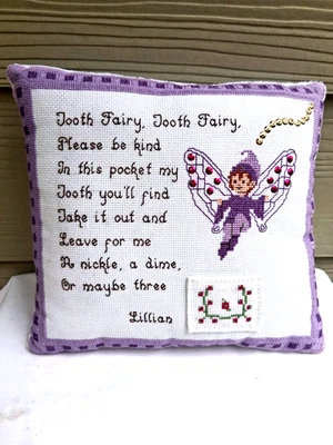 Hand Cross Stitched Tooth Fairy Pillow (10" x 9") with Pocket. Used. - Image 1 of 4