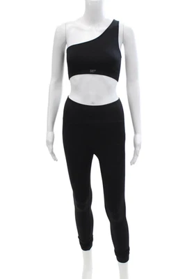 Set Active Womens Ribbed Ankle Leggings One Shoulder Sports Bra Black Size S - Image 1 of 4