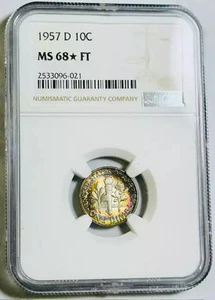 1957 D Dimes Roosevelt NGC MS-68* FT Full Torch Amazing Color! - Picture 1 of 3