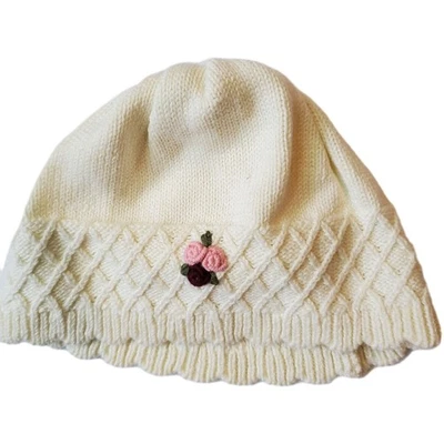 Gymboree Girls 3 6 months knit flowers embroidery Beanie Hat Vintage roses  - Image 1 of 4