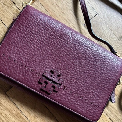 Tory Burch McGraw Embellished Pebbled Leather Wallet Crossbody Maroon Heritage - Image 1 of 4