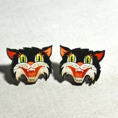 Серьги-гвоздики в винтажном стиле для Хэллоуина с кошкой ручной работы дерево - Изображение 1 из 4
