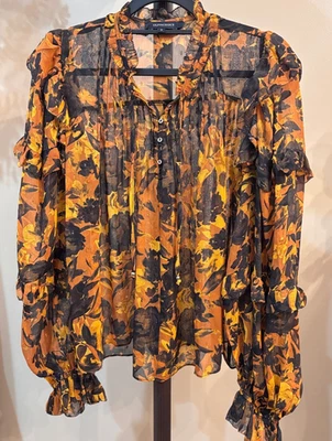 Olivaceous Floral Long Sleeve Boho Ruffle Sheer Top Black Gold Orange Sparkle - Image 1 of 4
