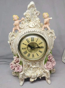 VTG handpainted mantel clock Ceramic Angels Cherub Floral- READ - Picture 1 of 9