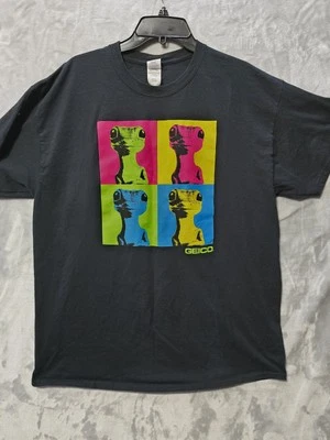 Geico Gecko Lizard Color Block Black Gildan XL T Shirt 100% Cotton Short Sleeve - Image 1 of 4