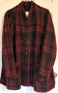 LANE BRYANT Plus Size 26/28 Boucle Long Jacket Coat Black Red Plaid NEW - Picture 1 of 4