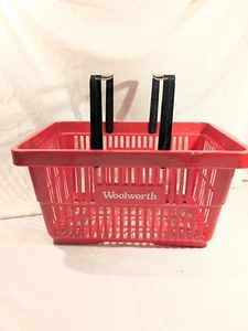 Vintage Red Plastic Woolworth Store Shopping Basket Crafts Black Handles Retro - Picture 1 of 6