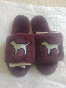 VICTORIA'S SECRET PINK DOG OPEN TOE SLIPPERS LUSCIOUS PLUM PURPLE FAUX FUR Large - Picture 1 of 2