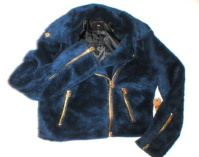 New NWT $349 Womens True Religion Faux Fur Moto Jacket S Dark Navy Blue Gold  - Image 1 of 4