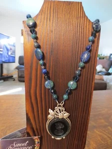 NEW Sweet Romance Delphine Blue Intaglio Cameo Beaded Rhinestone Necklace - Picture 1 of 15