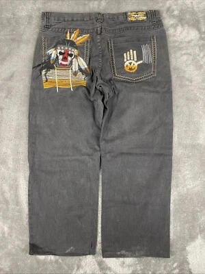 Miskeen Jeans Men 36x27 Wide Leg Baggy Hip Hop Skull Embroidred Y2K Skate - Image 1 of 4