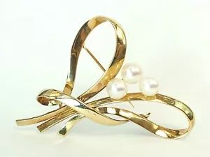 14k Yellow Gold Mikimoto Japan Pearl Brooch Pin - Picture 1 of 11
