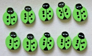 10 Green Ladybird Shaped Wooden Buttons 17mm long x 15mm wide - Picture 1 of 2