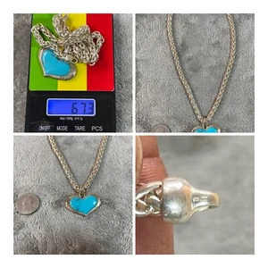 Sterling Silver Heart Shaped Turquoise Pendant W/ Sterling Chain 67.3 Grams - Picture 1 of 12