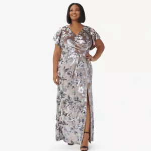 Adrianna Papell Foil Velvet Long Gown Floral Taupe Silver Women's Plus Size 26W - Picture 1 of 15