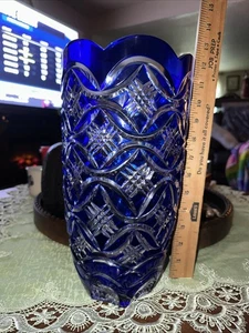 Cobalt Blue Cut to Clear Hand Cut Leaded Crystal Bohemian Vase 12”Tall - Picture 1 of 7