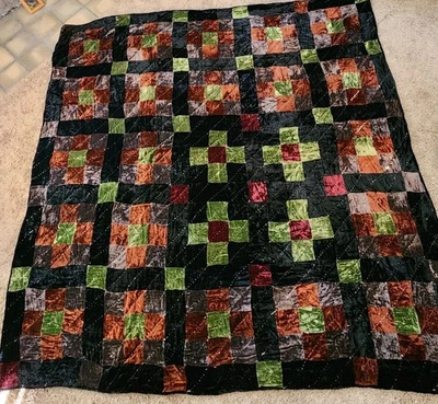 Handmade Antique Vintage VELVET patchwork Quilt 74 X 74, 441 3.5" Squares  - Image 1 of 4