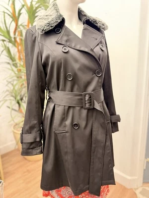 INC Belted Trench Coat Jacket Sz M Double Breasted Black Button Off Fur Collar - Image 1 of 4