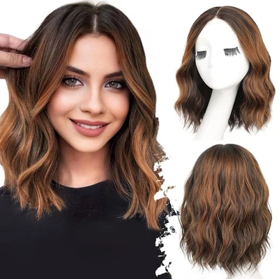 Темно-коричневый смешанный каштановый короткий волнистый парик 14 дюймов натуральный премиум-класса - Изображение 1 из 4