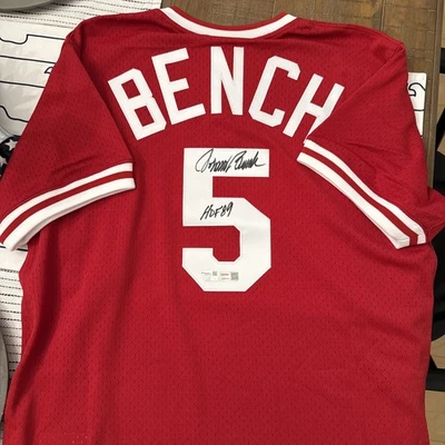 JOHNNY BENCH signed Cincinnati REDS Jersey w/inscr. - HOF 89 Size Large, COA - Image 1 of 4
