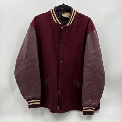 Vintage Butwin Flynttan Leather Wool Varsity Letterman Jacket Maroon Cream 44 - Image 1 of 4