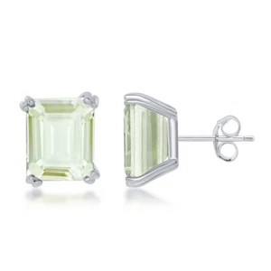 Classic Women's Stud Earrings Sterling Silver Rectangle Green Amethyst Prong Set - Picture 1 of 1