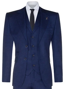 Traje de hombre azul marino 3 piezas tweed espiga persianas pico clásico a medida - Imagen 1 de 8