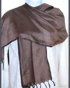 Chal, envoltura, estola de diseño floral de cachemira tejido marrón seda banaras - Imagen 1 de 6