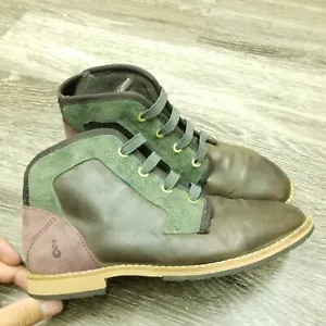 Ahnu Brown Leather Booties With Green Red Suede Fabric Top Stitch Slip On 6.5  - Picture 1 of 8