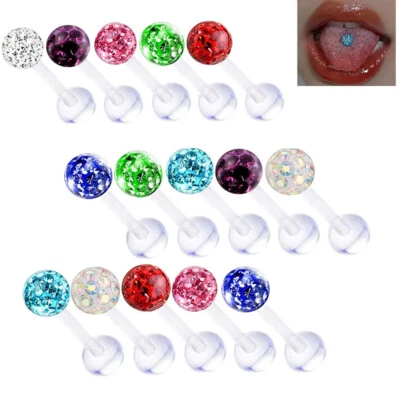 2pc Epoxy Crystal Tongue Bar Nipple Flexible Acrylic Barbell Piercing 16mm-22mm - Image 1 of 4