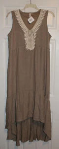 NYC XL BOHO Caqui Arrugas Sin mangas Hi-Lo Maxi Vestido Encaje Detalle Nuevo - Imagen 1 de 3