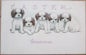 Postal de Pascua Art Deco de 1920 de perro cachorro, cinco cachorros - Imagen 1 de 1