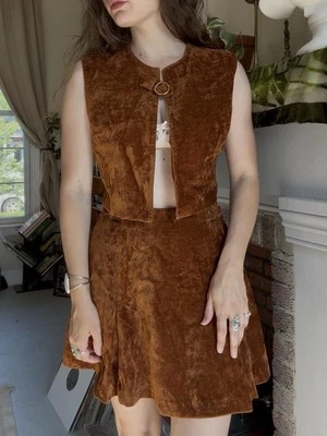 Vintage 60’s/70’s CrushedVelvet Vest And Skirt Brass O-Ring Hippie  Set - Image 1 of 4