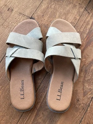 LL Bean (Size 9) Womens Leather Slides Flip Flops Sandals Sage Green Straps - Image 1 of 4