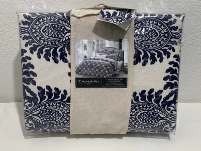 Juego completo de funda nórdica Tahari Home de lino lavado suave Queen - azul y blanco/natural Foto 1 de 4