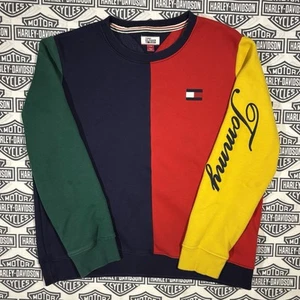 Tommy Hilfiger Denim Colorblock Sweatshirt Embroidered Red Blue Green Logo Men L - Picture 1 of 8