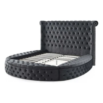 Cama King de almacenamiento redonda de terciopelo Pemberly Row 107 x 101" en negro Foto 1 de 4