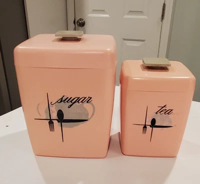 Vintage MCM PINK Plastic Kitchen Canister Set Sugar & Tea Nesting GROOVY!! - Image 1 of 4