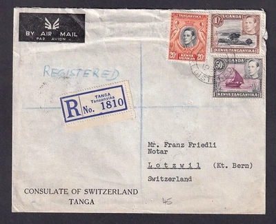 Consulado Británico KUT Suiza reg. cubierta Tanga to Switz 1951 - fallas de borde Foto 1 de 2