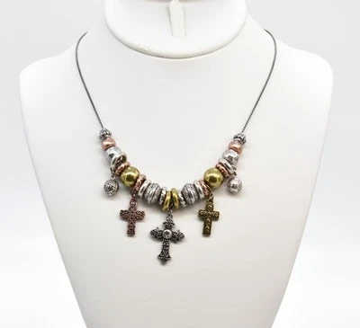 Colar Gargantilha Corrente Pingente Corrente 17" Tri-Tone Frisado 3 Cruz Prata Ouro Cobre - Imagem 1 de 3