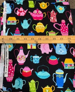 Fabric Traditions Colorful Tea Pots Black Cotton Quilting 2 3/8 yards 2012 - Picture 1 of 3