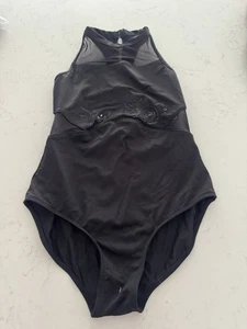 Bloch Dancewear Neckholder Gymnastikanzug ärmellos schwarz geblümt Größe 14 Netz - Bild 1 von 3