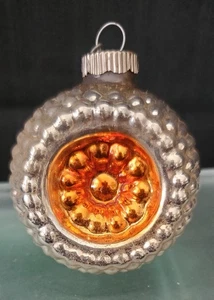 VINTAGE SHINY BRITE GLASS INDENT BUMPY SILVER & COPPER-ORANGE CHRISTMAS ORNAMENT - Picture 1 of 6