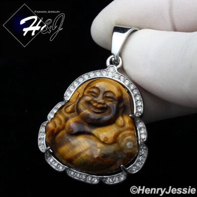 MEN's Stainless Steel Tiger Eye Stone Silver ICY Buddha Charm Pendant*P117 - Image 1 of 3
