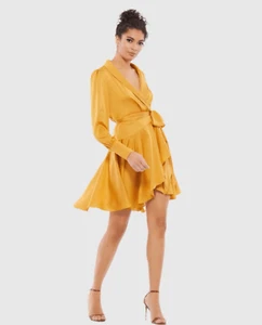 Mac Duggal 70135 Asymmetric Mini Wrap Dress Sz 6 Mango NWTs $398 Wedding Guest - Picture 1 of 7