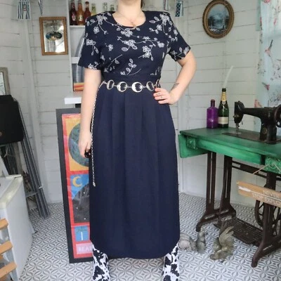 Vestido Vintage Retro Años 80 Marino Floral Flores Floridas Cabaña Patrón Té Midi 18 Foto 1 de 4