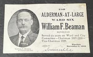 William F. Beam Somerville, MA Alderman-At-Large 1929 Political Advertising Card - Picture 1 of 14