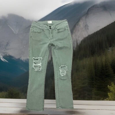 So Jeans Size 5 Distressed Low Rise Skinny Green Stretch Denim Double Button - Image 1 of 4