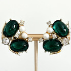 Vintage Karu Arke Signed Green Cabochon Faux Pearl Gold Tone Clip On Earrings