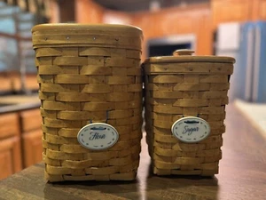 LONGABERGER 1998 SUGAR AND FLOUR CANNISTER WITH LINER, LID & CERAMIC LABELS - Picture 1 of 18